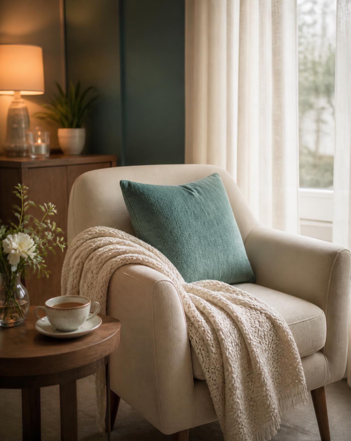 A softly lit lounge chair with a knitted throw and warm side lamp