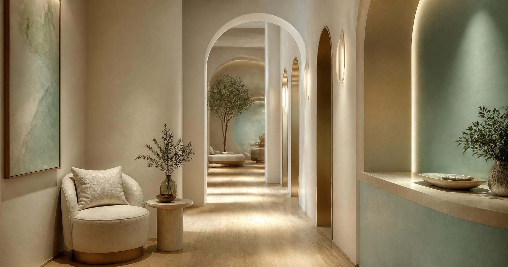 A softly lit clinic corridor with curved archways and warm ivory walls