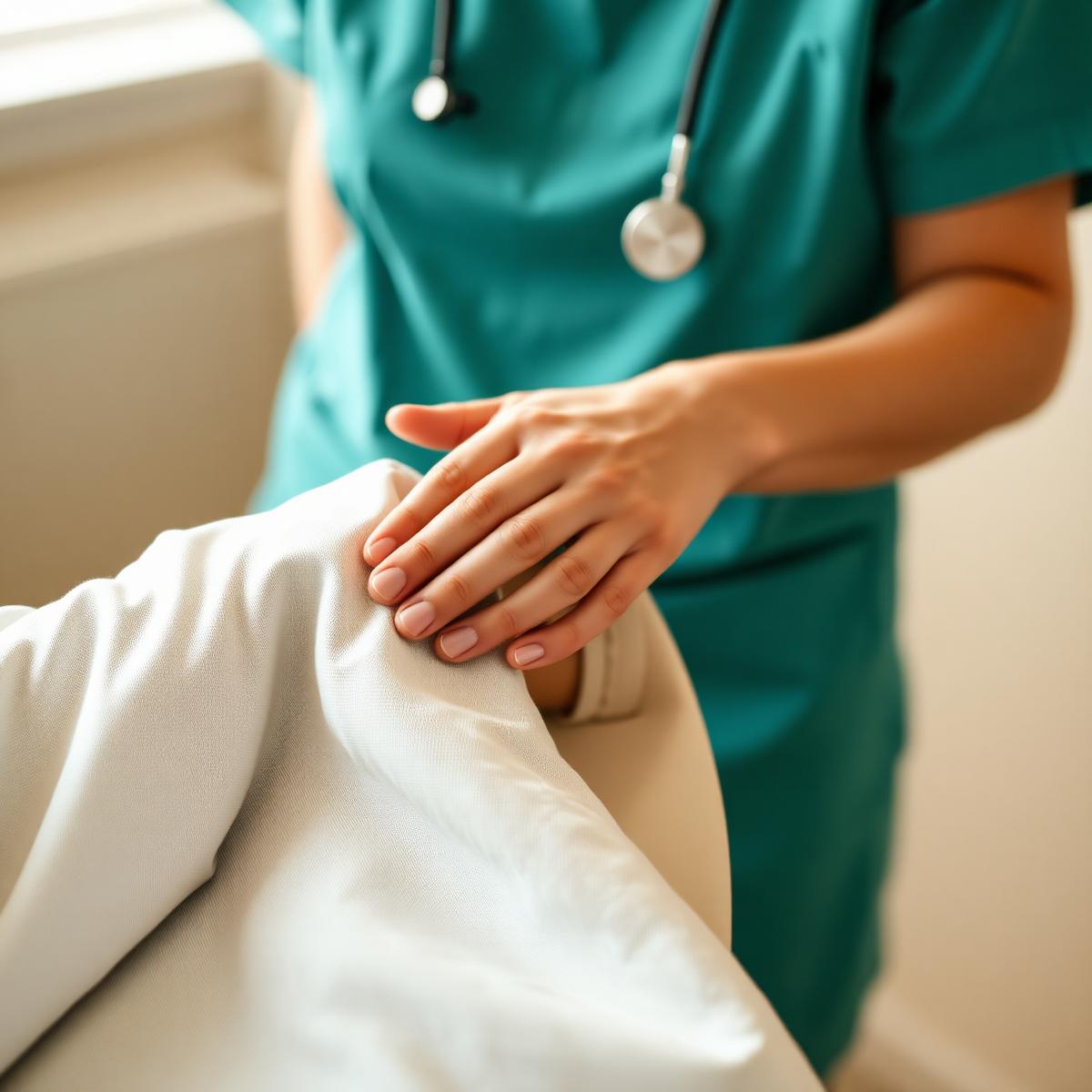 A clinician's hands gently adjusting a blanket over a seated patient's arm