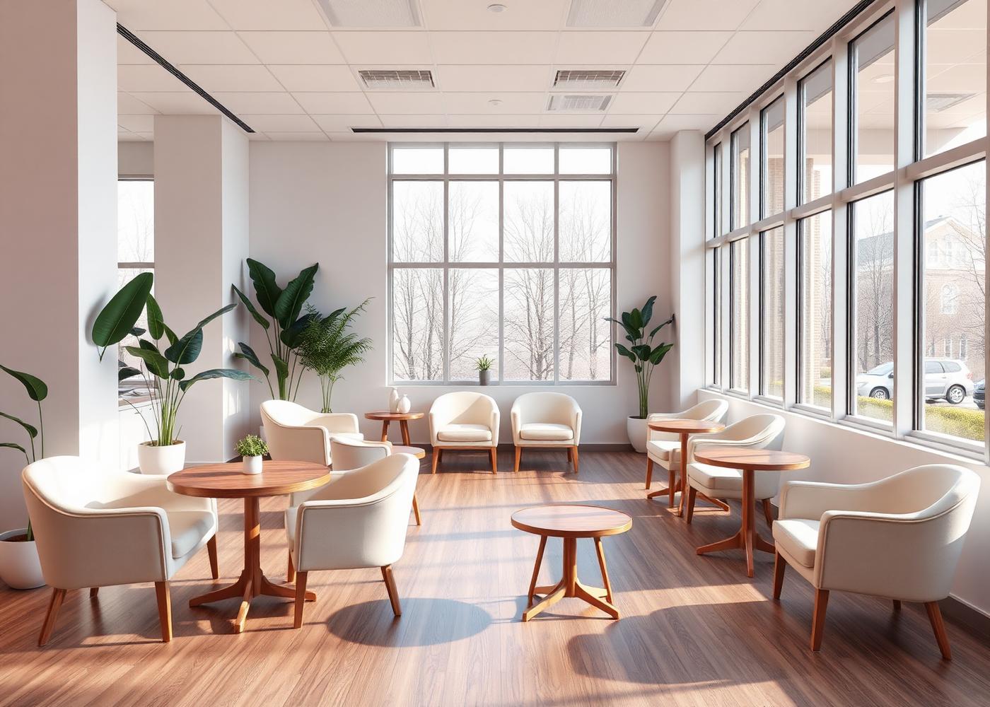 A bright waiting lounge with soft armchairs and greenery
