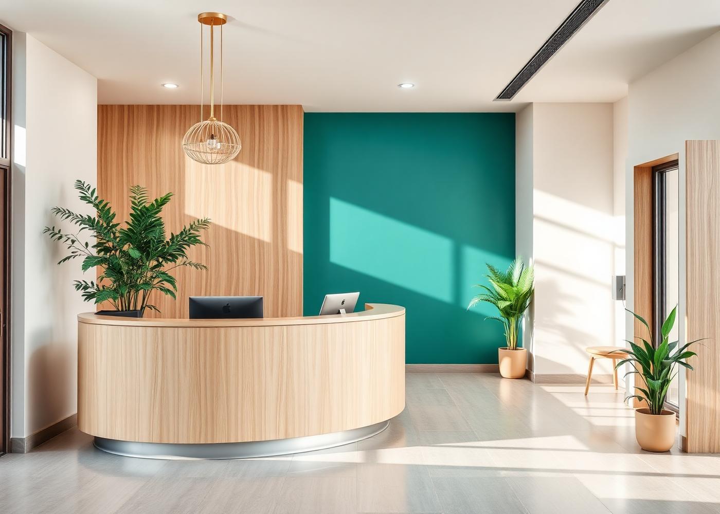 A modern clinic reception area with a curved wooden desk