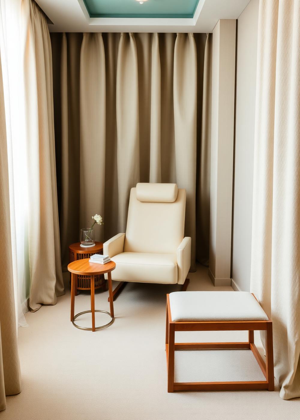 A private treatment room with a cream recliner and soft curtains