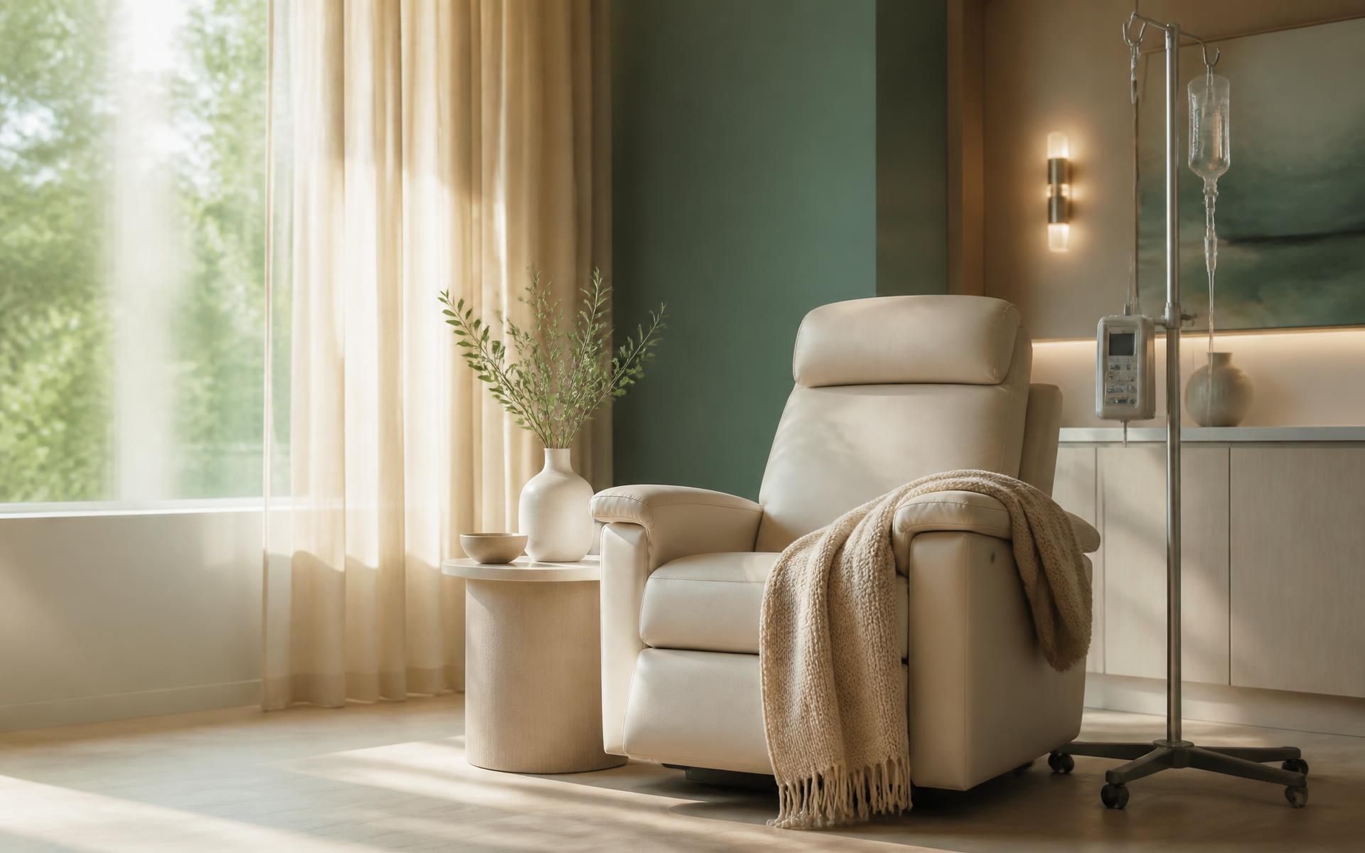 A quiet infusion suite with a cream recliner beside a sunlit window